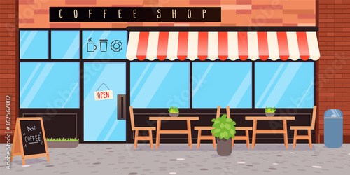 Coffee shop exterior. Vector flat cartoon illustration.