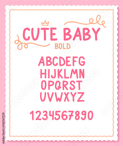 Vector cute and sweet font with capital letters and numbers. Cute baby bold alphabet and numbers. Perfect for little kids design. 