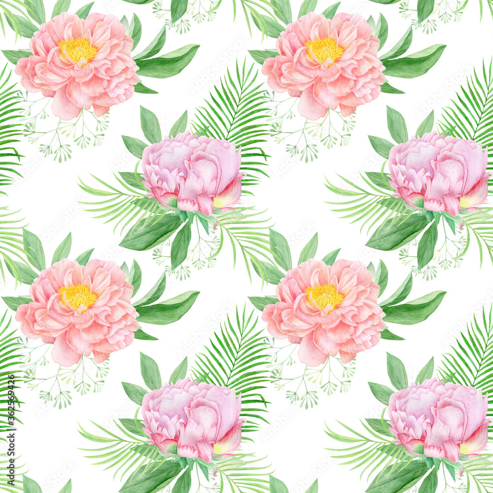 Watercolor pink peonies seamless pattern. Hand drawn summer peony flowers botanical illustration, compositions with leaves on white background 