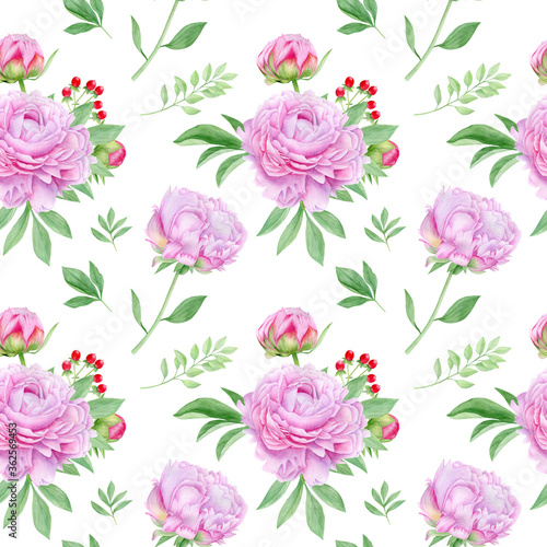 Watercolor pink peonies seamless pattern. Hand drawn summer peony flowers botanical illustration, compositions with leaves on white background 