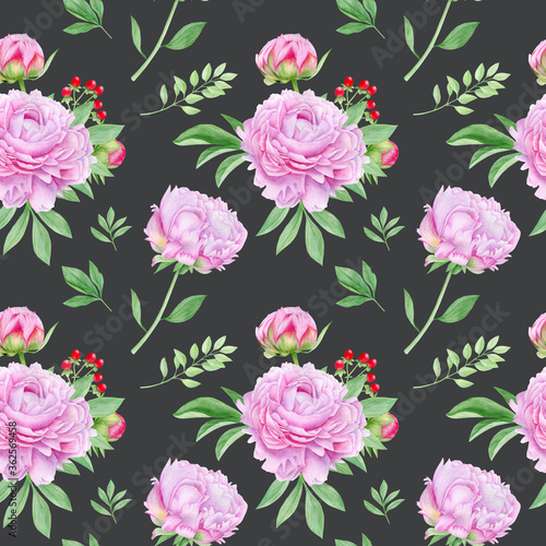 Watercolor pink peonies seamless pattern. Hand drawn summer peony flowers botanical illustration, compositions with leaves on dark grey background 