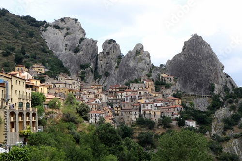 Overview of Castelmezzano, a small town located in Basilicata in the Lucanian Dolomites