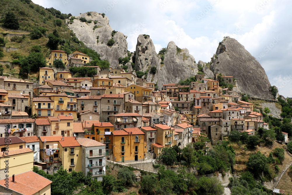 Overview of Castelmezzano, a small town located in Basilicata in the Lucanian Dolomites