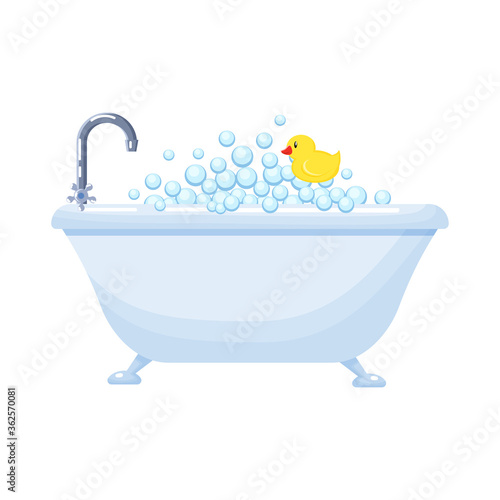 Bathtub full of soap foam bubbles with  yellow  rubber  duck