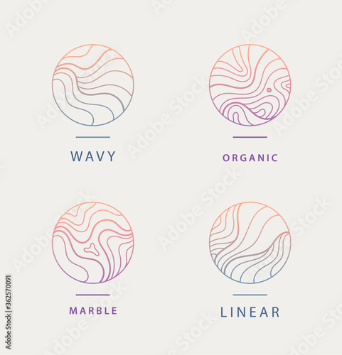 Vector set of abstract wavy minimal organic logos. Marble line emblem for business, badge, print, icon gradient. Nature, landscape, meditation, spa, cosmetics etc.