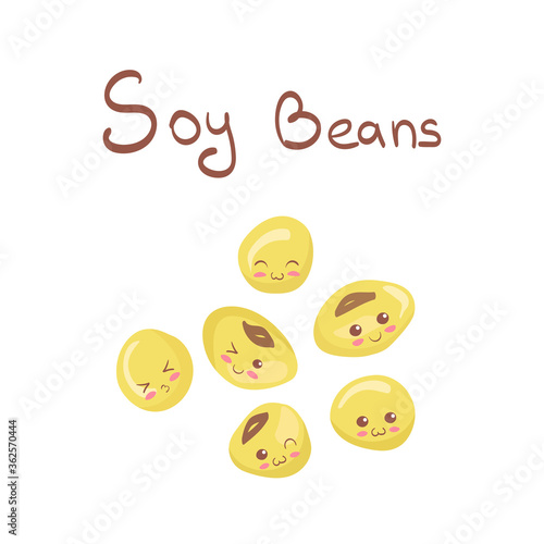 Kawaii Soy Beans vector character isolated on white background. Funny happy & smiling yellow little seeds. Cute yummy healthy food product mascot illustration. Kids menu concept. Tofu main ingredient.
