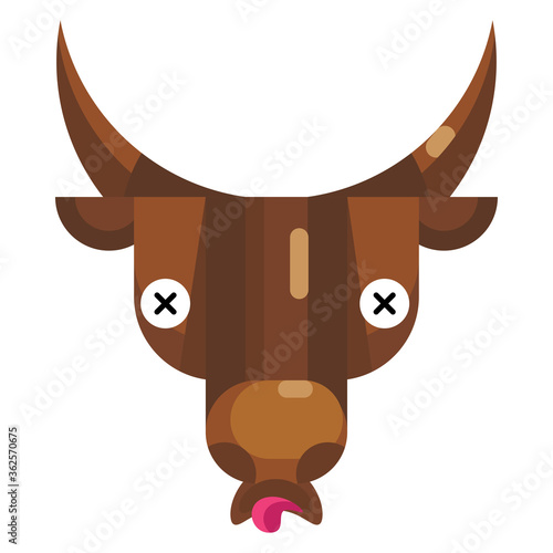 Dizzy bull face emoji, cow with crossed eyes icon isolated sign