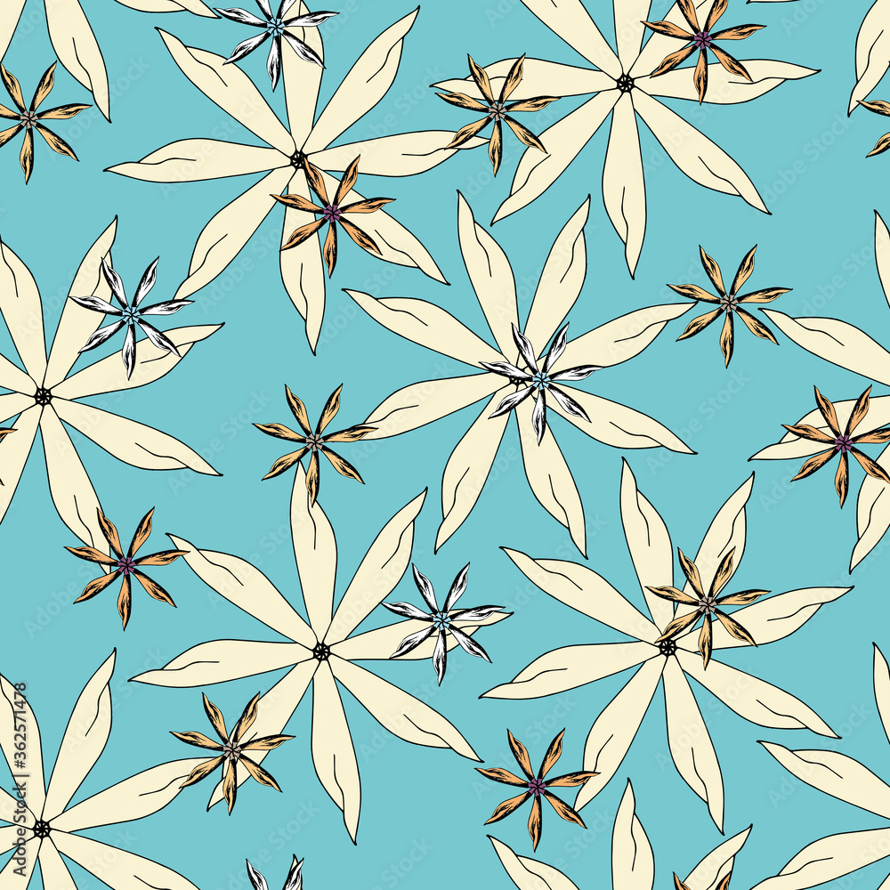 Oriental turquoise floral pattern. Vector seamless texture of yellow flowers hand-drawn for a weave, bedding and home textiles.