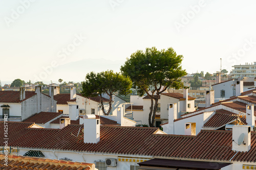 Houses of Rincon de la Victoria in Malaga city, spain. White houses with trees in the mountain. 