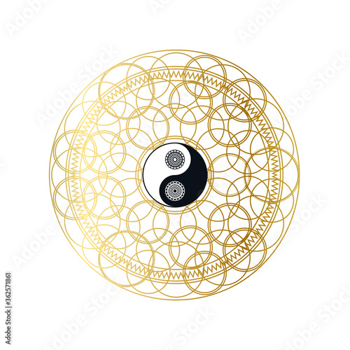 Shiny Golden Mandala with Yin Yang Sign Isolated