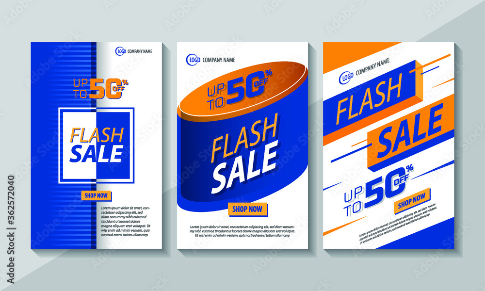 Fototapeta premium Set of flash sale poster template design, up to 50% off. Blue and yellow abstract background. Vector illustration