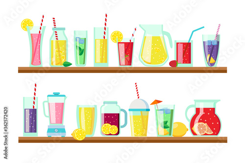 Different lemonades and cocktails drinks set vector illustration. Cold refreshing beverage with ice 