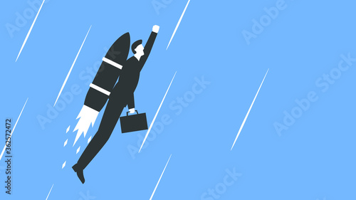 Vector illustration of a businessman in a suit with a briefcase flying up with a rocket behind the back. Man in suit takes off with a rocket speed. Represents concept of business growth and success