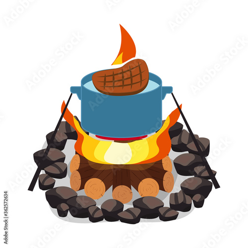 Camping bonfire, burning woodpile and round of stones, campfire or fireplace on firewood vector steak bbq and grill