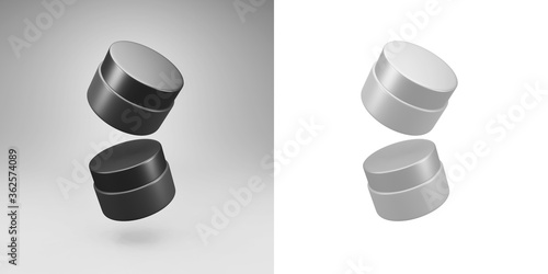  Two realistic black plastic bottles for cosmetics soar over the background. Layout Template. 3D illustration.