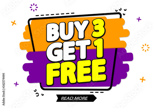 Buy 3 Get 1 Free, special offer, Sale banner design template, discount tag, end of season, app icon, vector illustration
