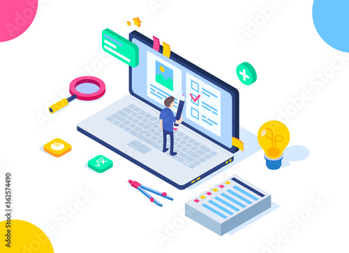 Isometric knowledge test concept. Easy to edit and customize. A small person answers questions on a computer. Search for answers to questions. Сan be used on  web banners, websites, in presentations.