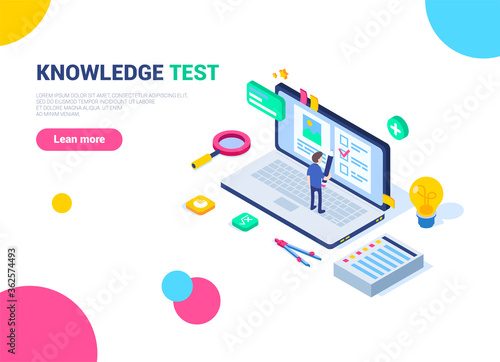 Isometric knowledge test concept. Easy to edit and customize. A small person answers questions on a computer. Search for answers to questions. Сan be used on  web banners, websites, in presentations.