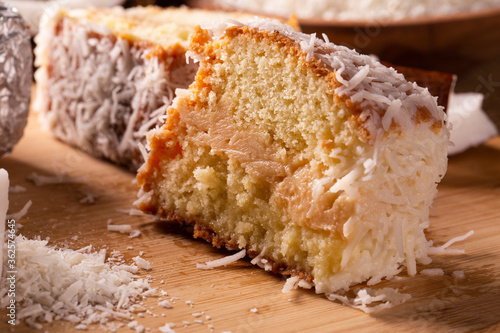 Traditional iced cake with coconut and milk sweet wrapped in aluminum foil.