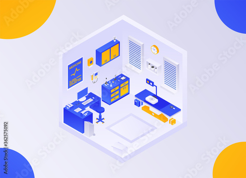 Isometric medical room where people are examined and new treatment methods are studied. Medicine Bright illustration. Gradient. Can be used for websites, web pages, web banners, presentations, etc.