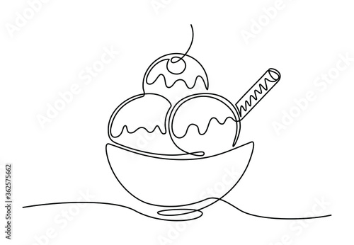 One continuous line drawing of ice cream in a bowl. Ice cream with cherry in plate freehand drawn silhouette illustration. Vector line art isolated on white background