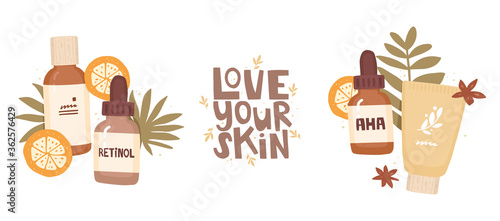 Set of elements for design. Cosmetics packaging surrounded by tropical leaves and fruits. Labels "retinol", "AXA". Handwritten lettering "love your skin." Anti-aging care, cosmetology, and dermatology