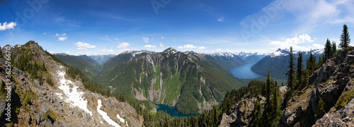 Beautiful Panoramic View of Canadian Mountain Landscape during a vibrant sunny day. Taken on a Hike to Goat Ridge in Chilliwack, East of Vancouver, British Columbia, Canada. Nature Background Panorama