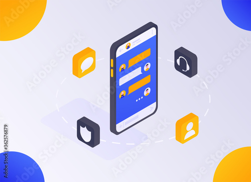 Online support isometric concept. Live chat with support that will help solve problems and answer questions. Gradient. It can be used on web pages, web banners, websites, in presentations. EPS 10.