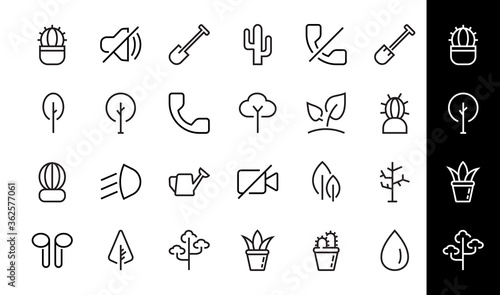 A set of Rosteniya Icons, and garden care, Vector illustration, Contains Icons such as tree, cactus, watering can, spade, flower and much more. on a white background, editable bar 480x480