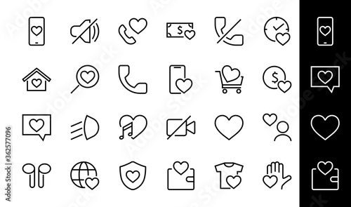 The set of icons about love contains such icons as love of music, declaration of love, heart, favorite home, Linear set. Vector on a white background. Editable stroke. 480x480