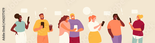 Young people group using smartphones. Digital technology, communication, selfie vector characters