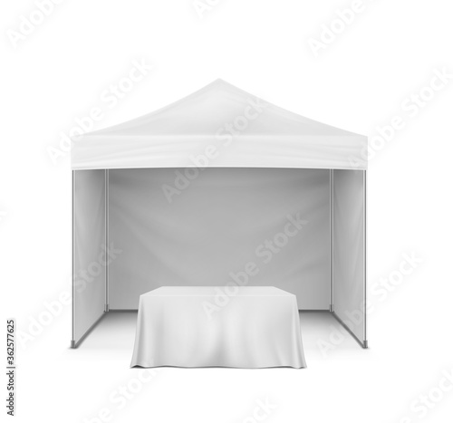 Pop-up gazebo and table covered with blank tablecloth, realistic mock-up. Exhibition promo event set, mockup. Vector template for business branding design