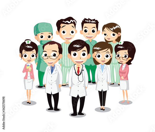Hospital staff, medical staff, and patients standing together. Character illustration.