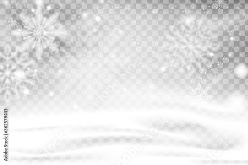 Heavy snowfall, snowflakes in different shapes, forms. Falling Christmas Shining transparent beautiful, shining snow with snowdrifts isolated on transparent background.