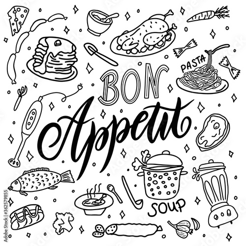Hand drawn doodle food, dishes and kitchen utensils.