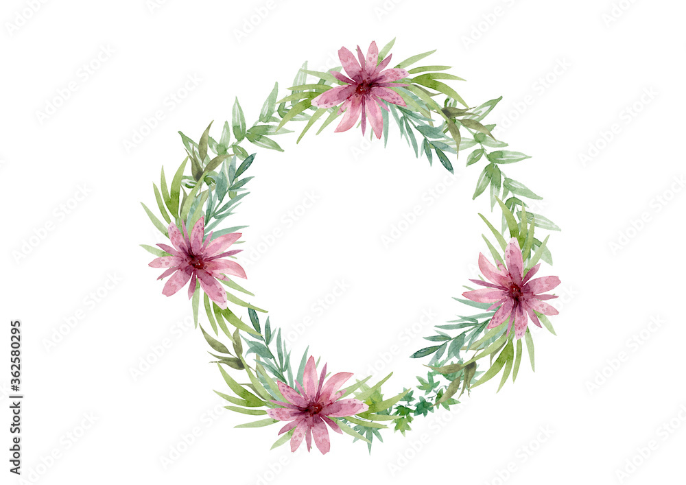 Beautiful wreath. Elegant floral collection with isolated pink flowers, hand drawn watercolor. Design for invitation, wedding or greeting cards