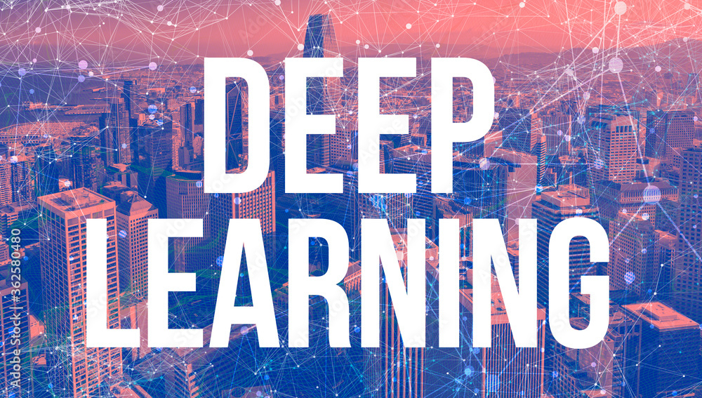 Fototapeta premium Deep learning theme with abstract network patterns and downtown San Francisco skyscrapers