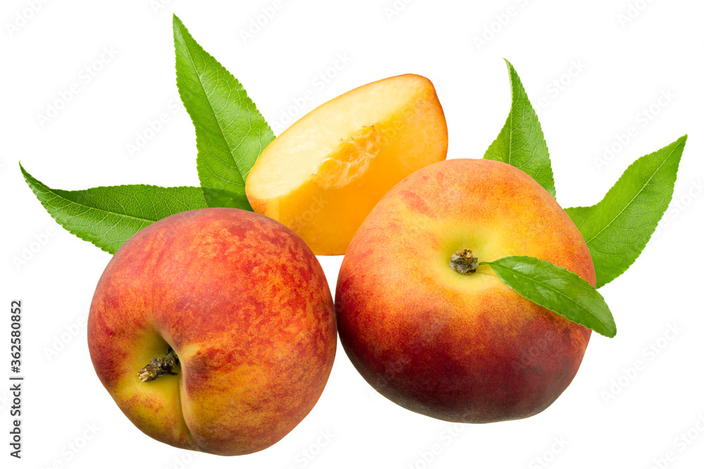 peach fruit with green leaf and slice isolated on white background
