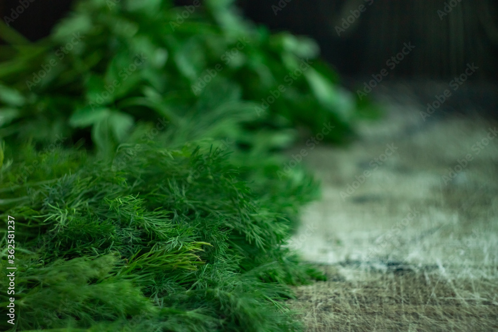 Green spicy herb dill and parsley on a dark old wood background, defocused photo Green spicy herb dill and parsley on a dark old wood background, defocused photo