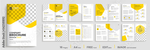 Corporate brochure design with yellow shapes, minimal professional company profile, annual report, multi-pages brochure template layout