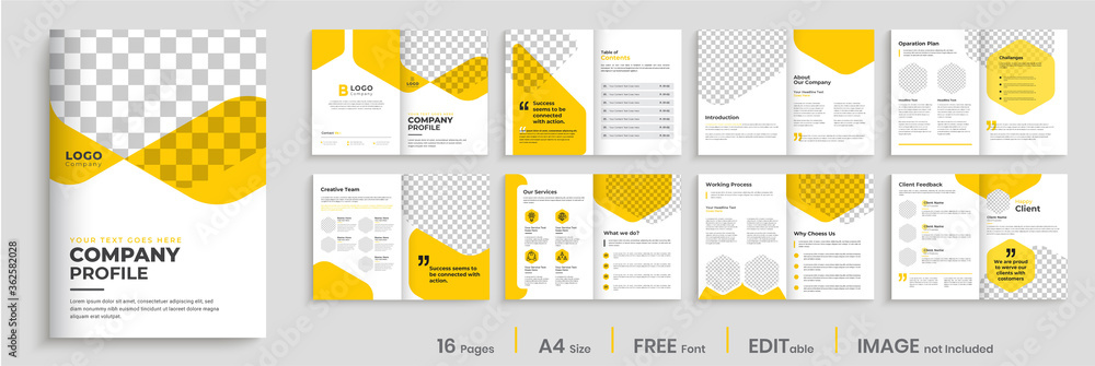 Corporate brochure design with yellow shapes, minimal professional company profile, annual report, multi-pages brochure template layout - obrazy, fototapety, plakaty 