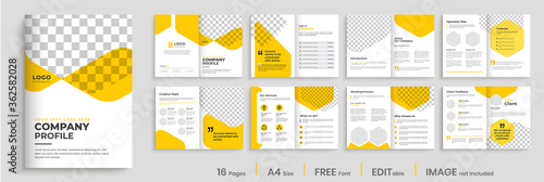 Corporate brochure design with yellow shapes, minimal professional company profile, annual report, multi-pages brochure template layout