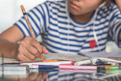 Foto Study at home for education, back to school and literacy day concept with girl k
