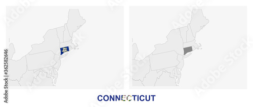 Two versions of the map of US State Connecticut, with the flag of Connecticut and highlighted in dark grey.