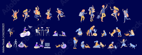 Landing page template with Happy school children joyfully jumping and laughing. Concept of happiness, gladness and fun. Vector illustration for banner