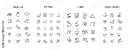 Vector icon and logo collection for move home, natural cosmetics, bathroom landry and dry clinning. Editable outline stroke size. Concept illustration. Sign, symbol