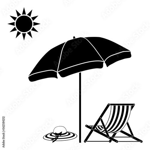 Beach umbrella, deck chair, summer hat. Vector illustration on a white background.