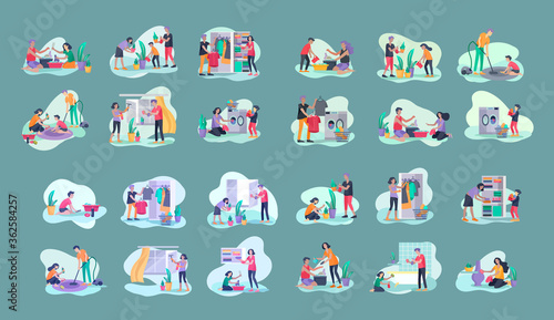 Scenes with family doing housework, kids helping parents with home cleaning, washing dishes, fold clothes, cleaning window, carpet and floor, wipe dust, water flower. Vector illustration cartoon