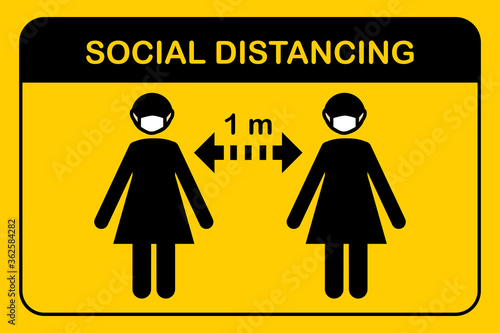 Social distancing and New normal  concept.Women in medical masks protection from corona virus covid 19.People keep safe distance queue 1 meter in shopping mall.Sign and symbol icon vector Illustration