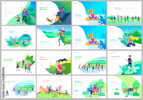 Landing page template with running man, play tennis, children riding bicycles, man doing yoga. People performing sports outdoor activities at park or Nature, healty life style. Cartoon
